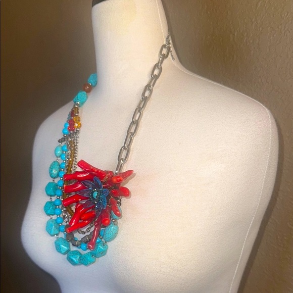 Branch Coral Crystal Faux Turquoise Multistrand Handmade Statement Necklace Set - Picture 5 of 14